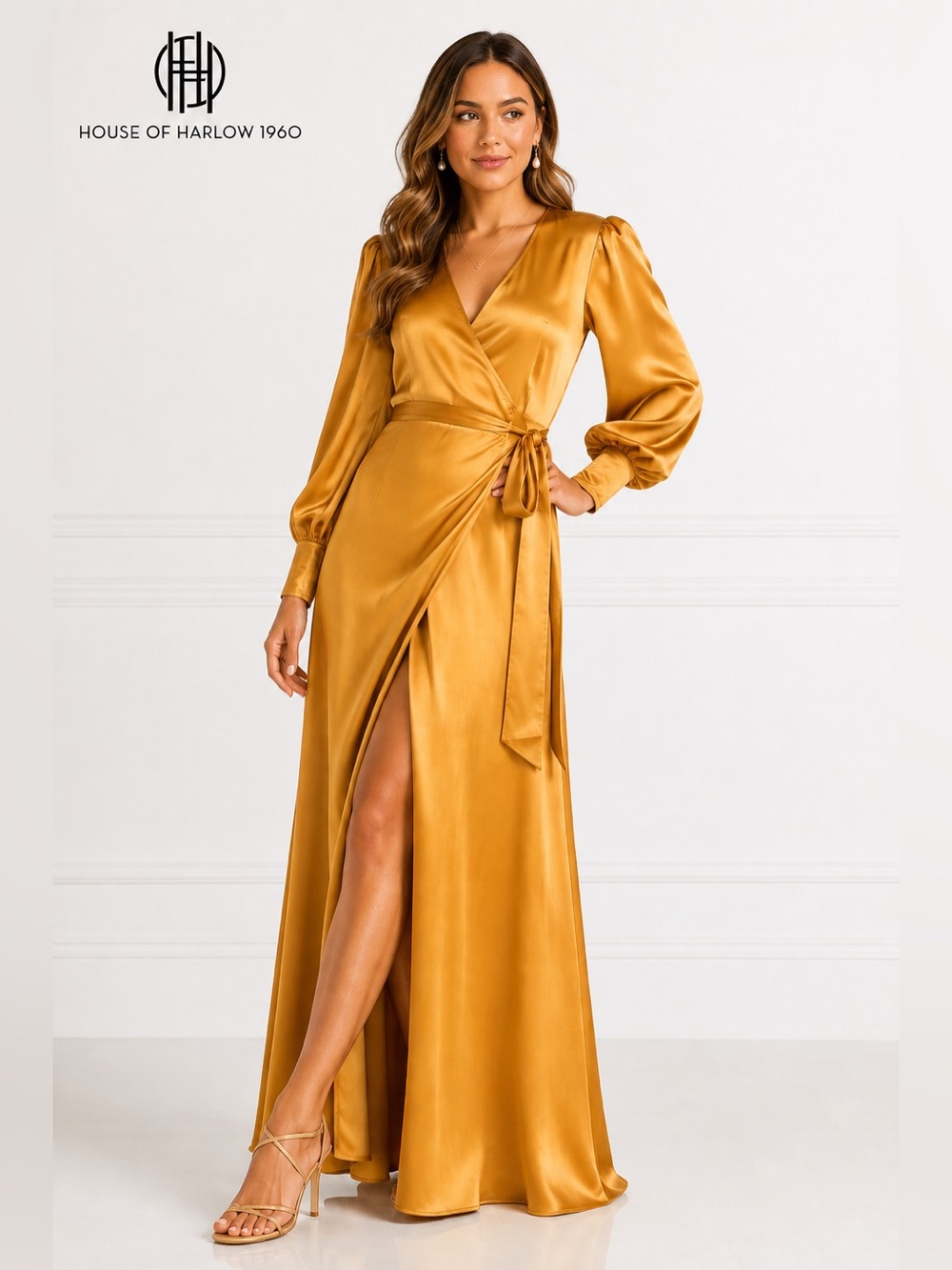 House of Harlow 1960 Gold Satin Maxi Wrap Dress Long Sleeve Elegant